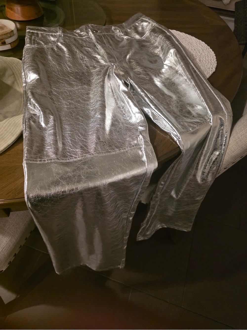 Metallic Silver Wide-Leg Trousers - Women